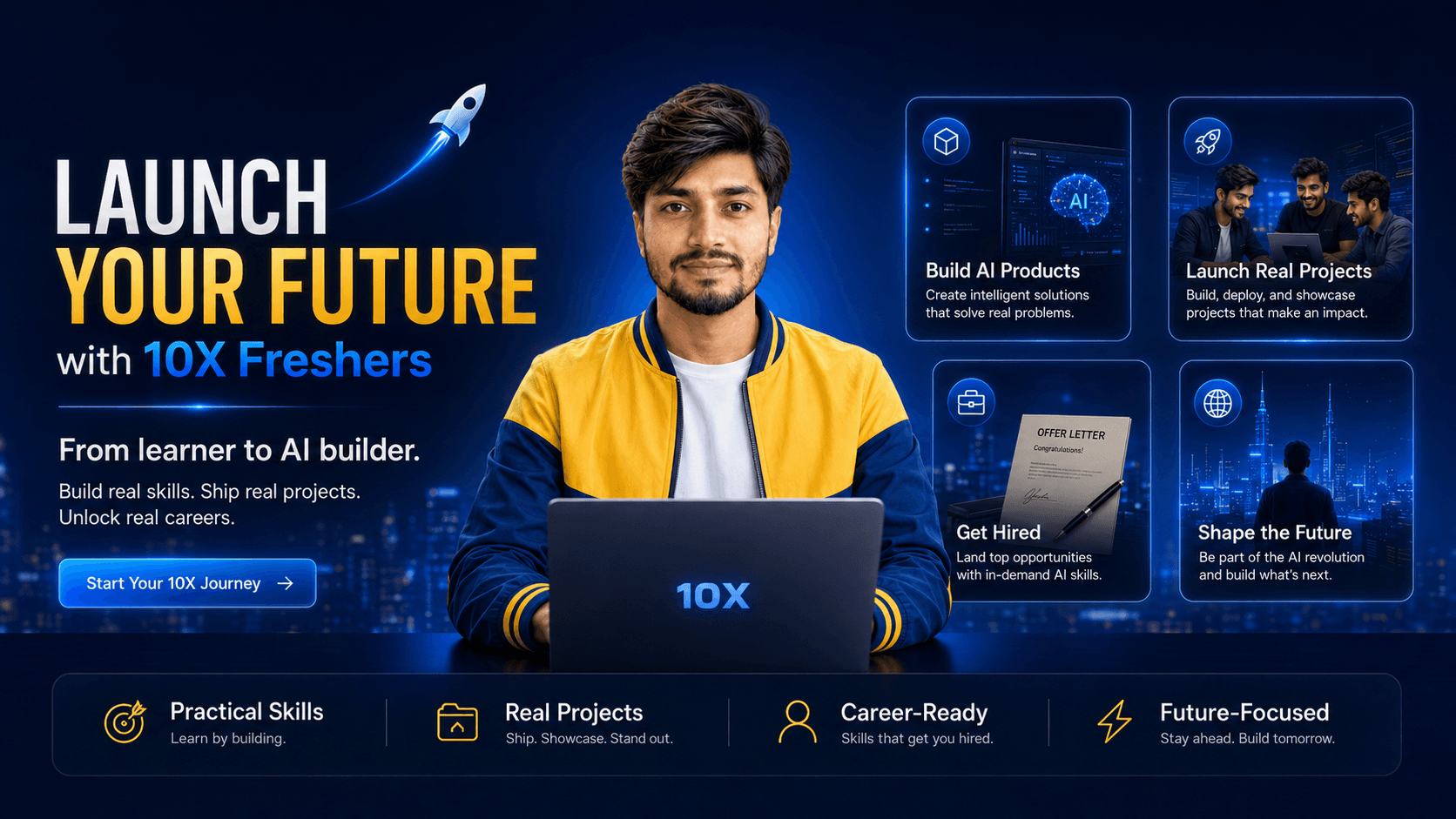 Students and developers using AI dashboards, code screens, and futuristic interfaces while building together